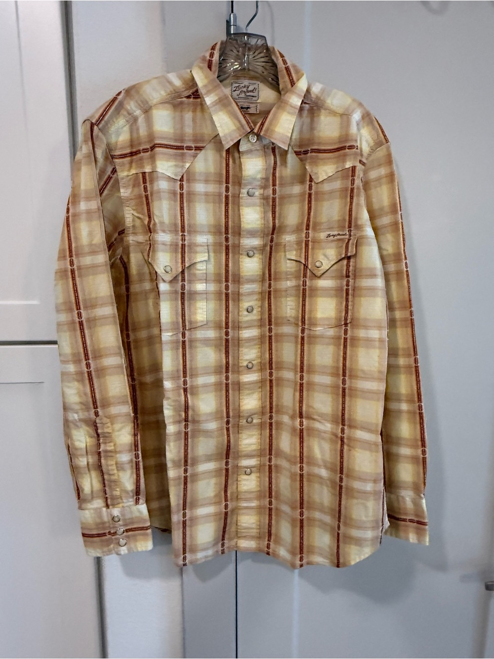 Lucky Brand Plaid Pearl Snap Western Shirt in Yellow & Brown